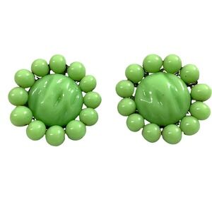 Vintage Earrings Green Glass Floral Design Clip On Estate Jewelry Japan‎